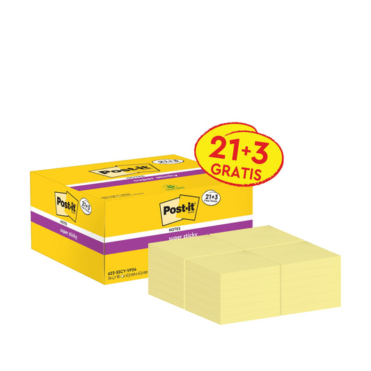 Post-it® Super Sticky Notes, Gelb, 47,6 mm x 47,6 mm, Promotion, 90 Blatt/Block, 21 Blöcke + 3 Gratis/Packung, 100% PEFC, SGSCH-PEFC-COC-110078  | Packung (1 Stück)