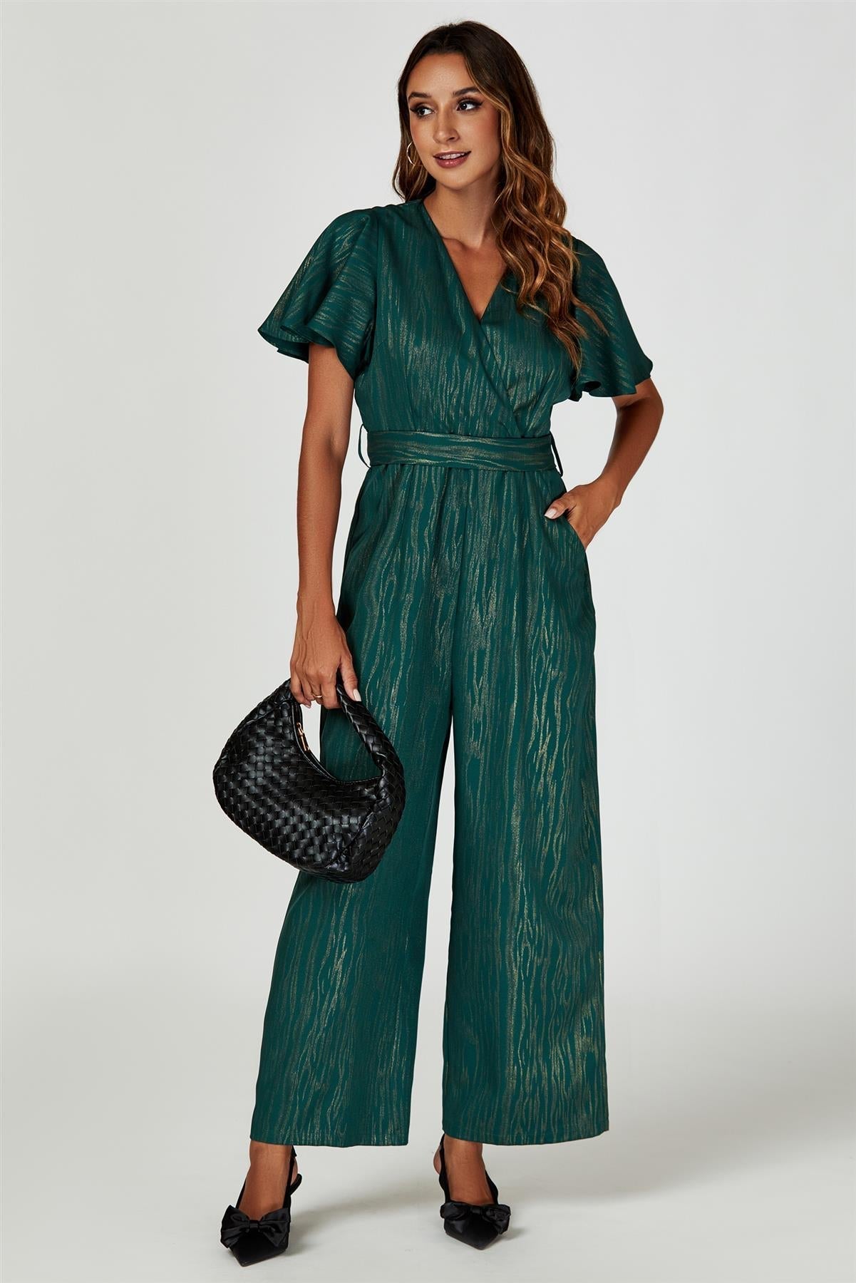 Gold Foil Print Wrap Top Jumpsuit In Green
