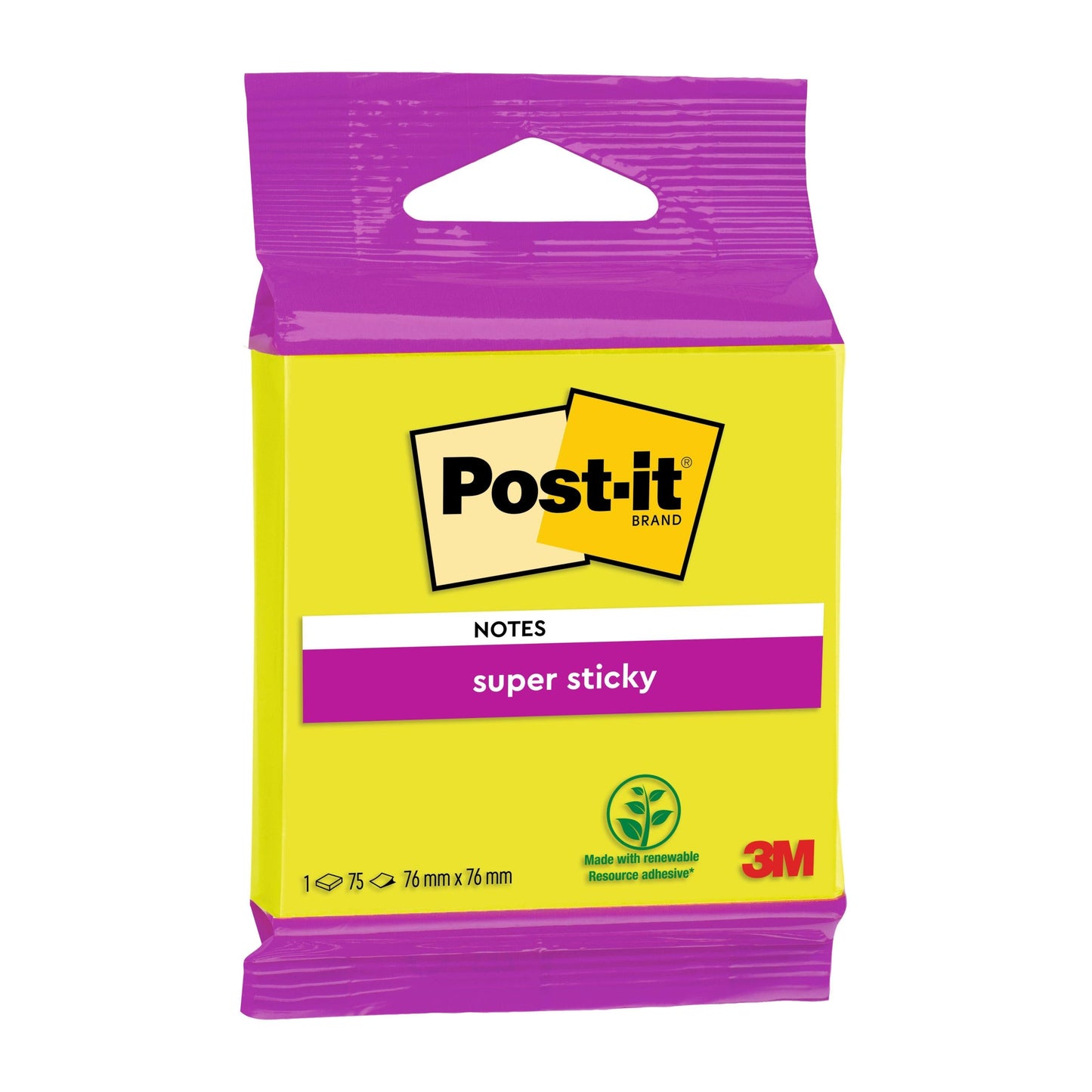 Post-it® Super Sticky Notes 6820S3, 76 x 76 mm, neongrün, neonpink, ultragelb, ultragrün, ultrapink, 1 Block à 75 Blatt, 100% PEFC SGSCH-PEFC-COC-110078 | Packung (1 Stück)