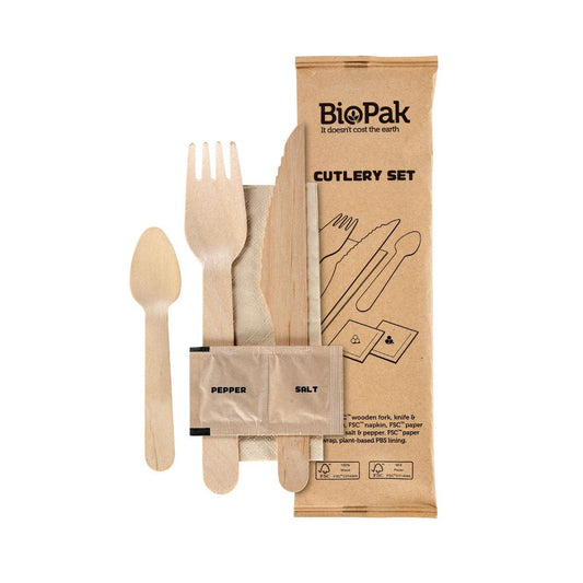 6/1 Besteck Set, Holz, Gabel & Messer, Kaffeelöffel, Serviette, Salz, Pfeffer  Natural gewachst 160/165/110 | Packung (250 Stück)