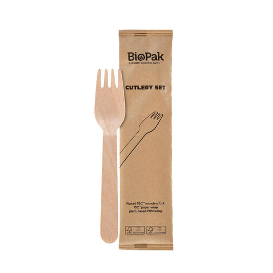 1/1 Petit fork, wood, individually wrapped, natural waxed, 160 | Pack (250 pieces)