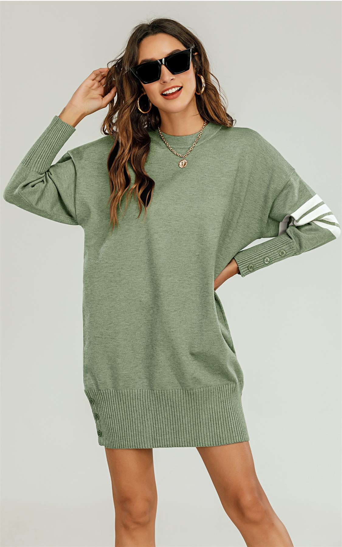 Knitted Tunic Jumper Dress With White Stripe In Olive