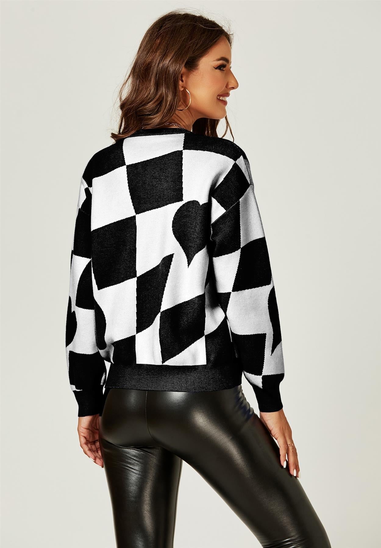 Comfy Geometric Pattern Jumper Top In Black &amp; White