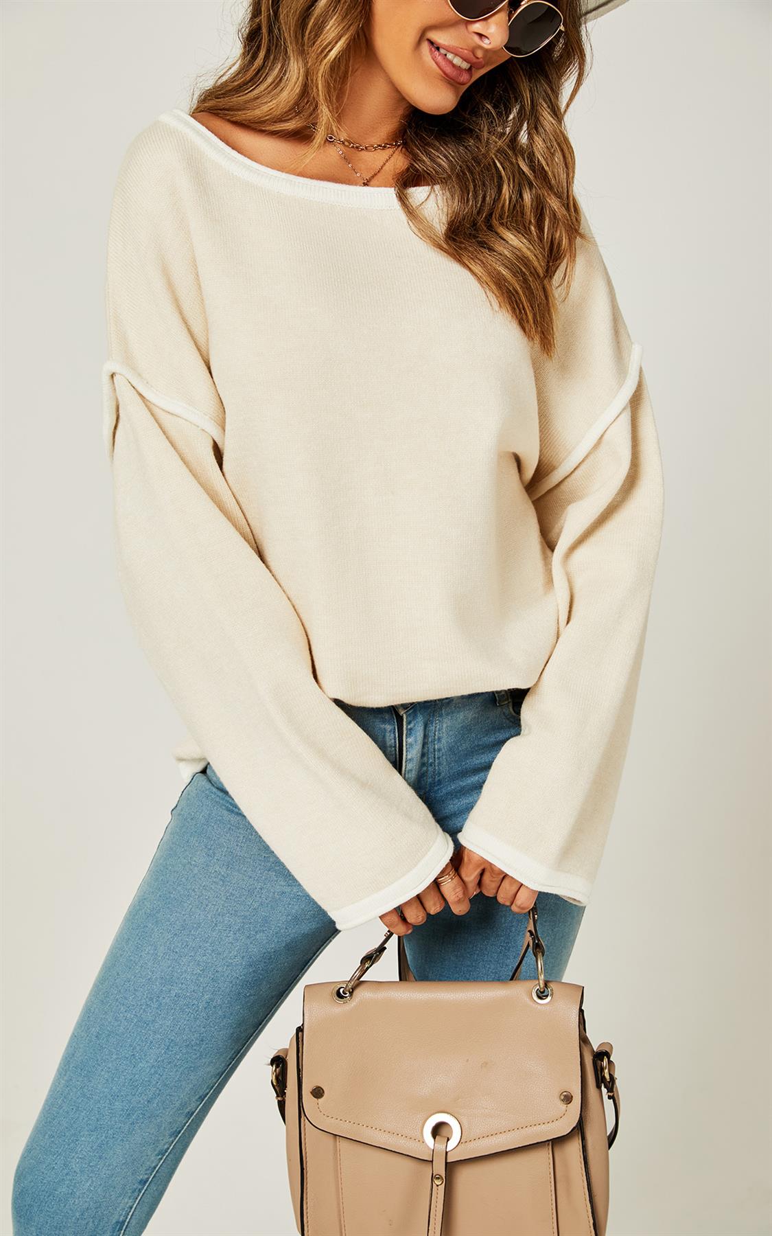 White Striped Oversized Jumper Top In Beige