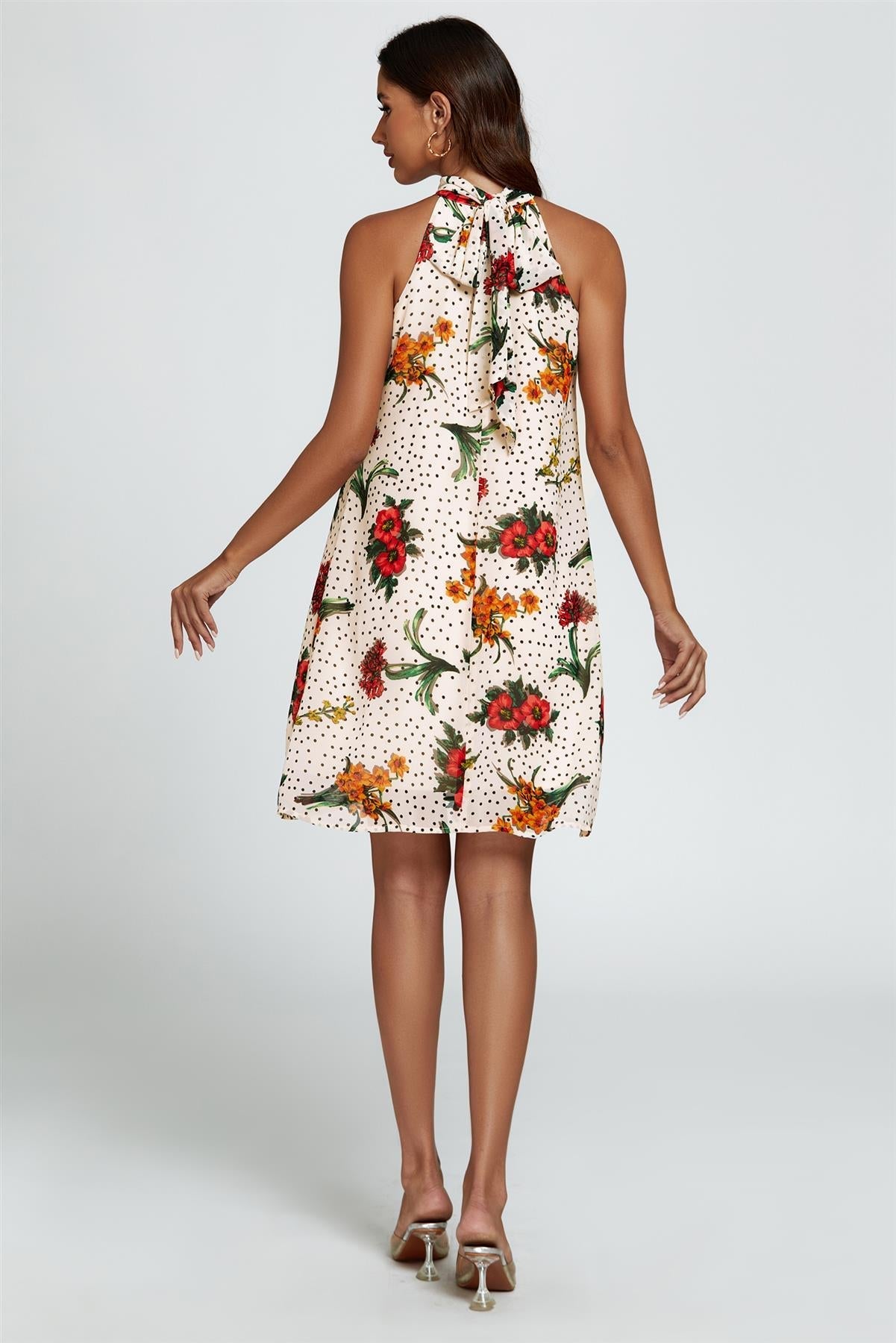 Floral Print Halter Neck Tie Back Mini Dress In Off White
