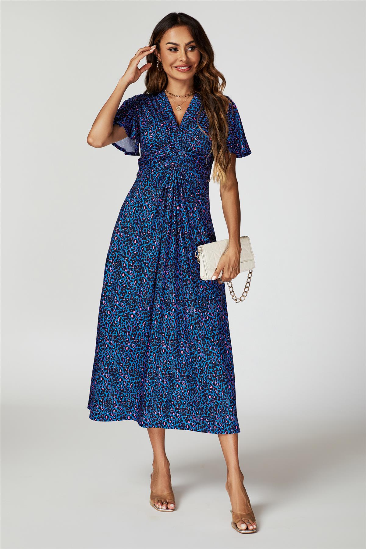 Animal Print Angel Sleeve Twist Midi Dress In Blue