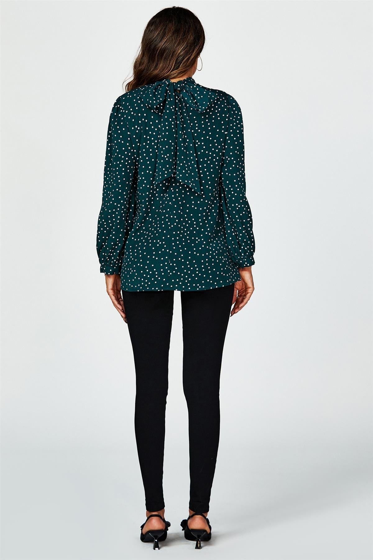 Polka Dot Print Long Sleeve Back Tie Blouse Top In Green