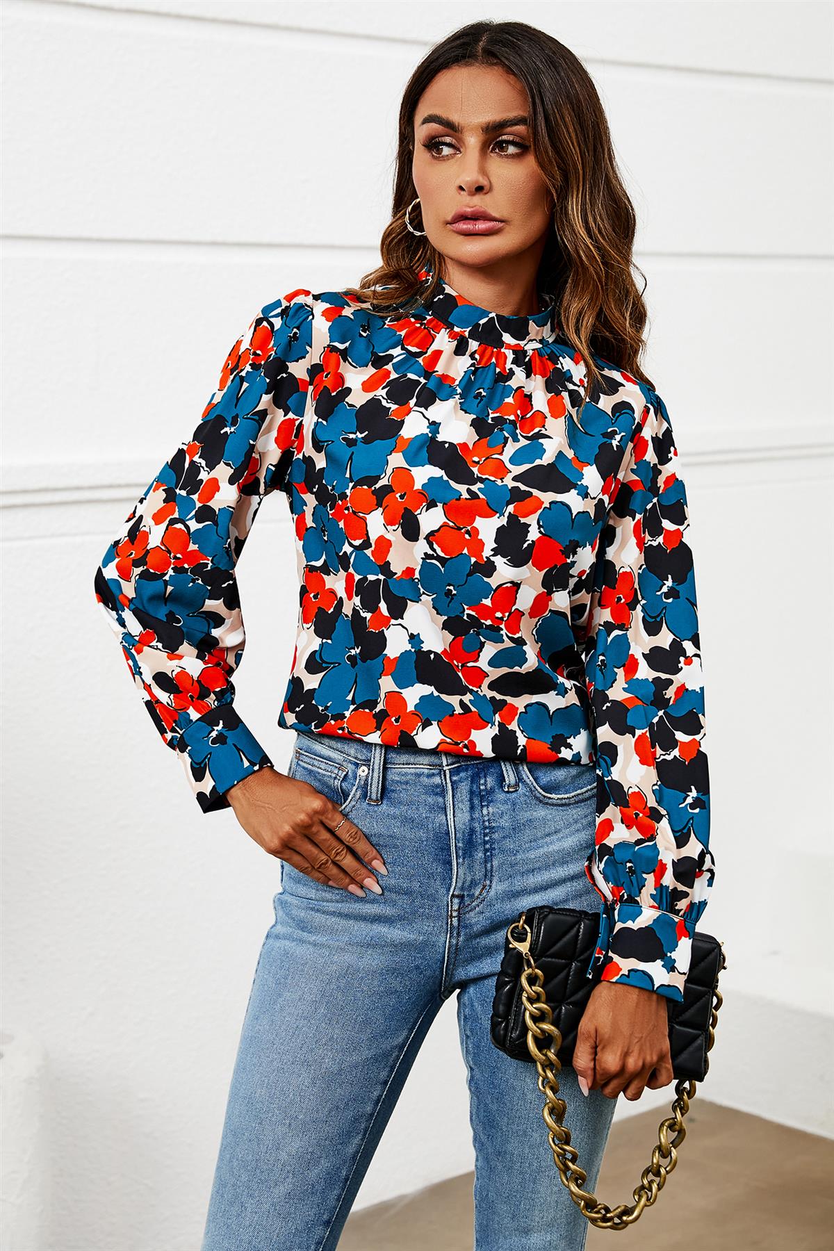 Floral Print Long Sleeve High Neck Top In Blue 