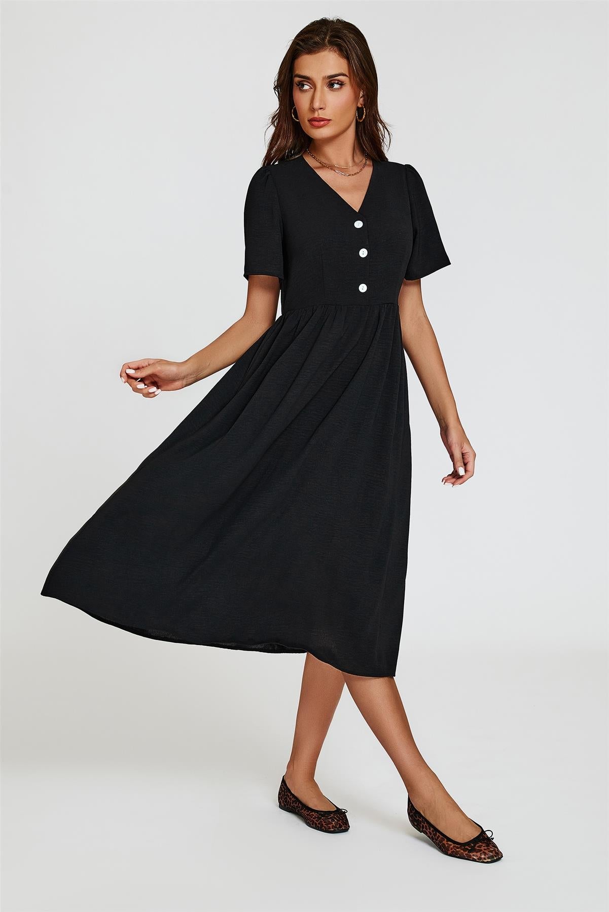 Button Front Midi Dress In Black