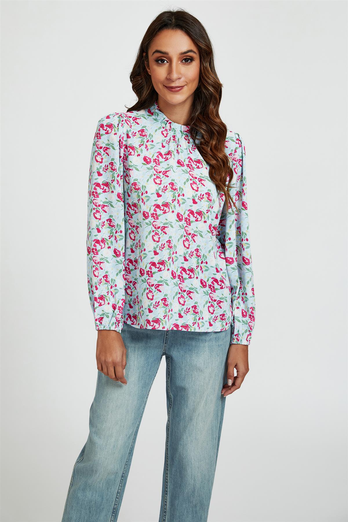 Floral Print Frill Detail High Neck Top In Blue &amp; Pink