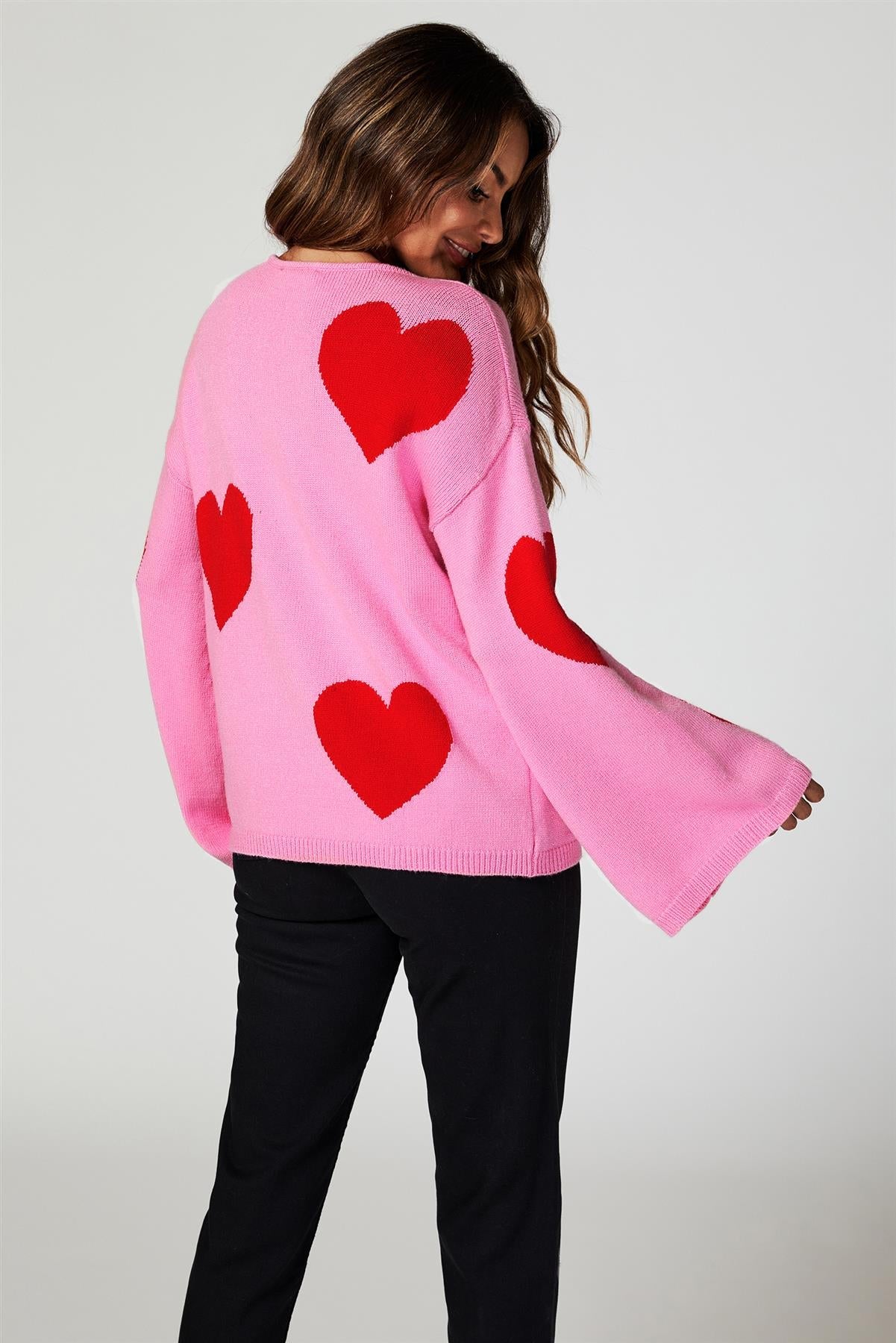 Wide Sleeve Oversize Red Jumper With Pink Heart