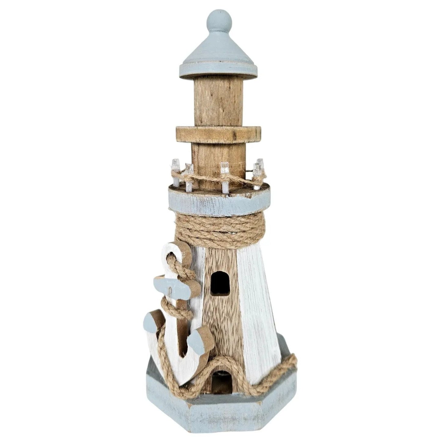 Leuchtturm beleuchtet Holz LED Deko Dekoration Maritim Anker Strand Meer H 24 cm
