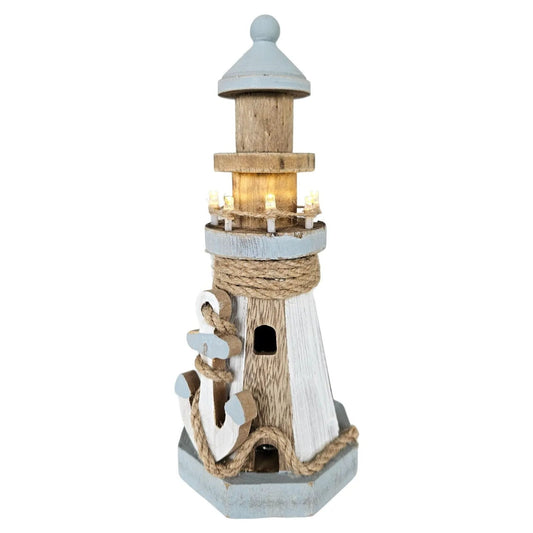 Leuchtturm beleuchtet Holz LED Deko Dekoration Maritim Anker Strand Meer H 24 cm