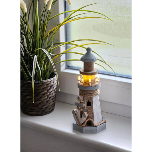Leuchtturm beleuchtet Holz LED Deko Dekoration Maritim Anker Strand Meer H 24 cm