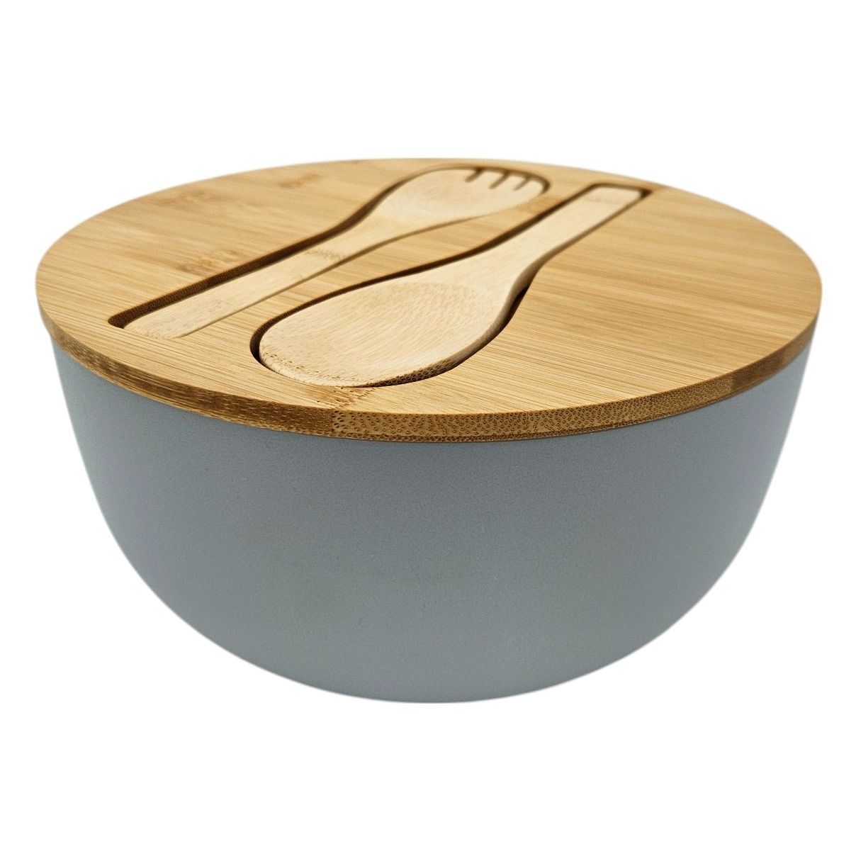 Salatschüssel mit Besteck Bambus grau 23 cm Holz Salatbesteck grau