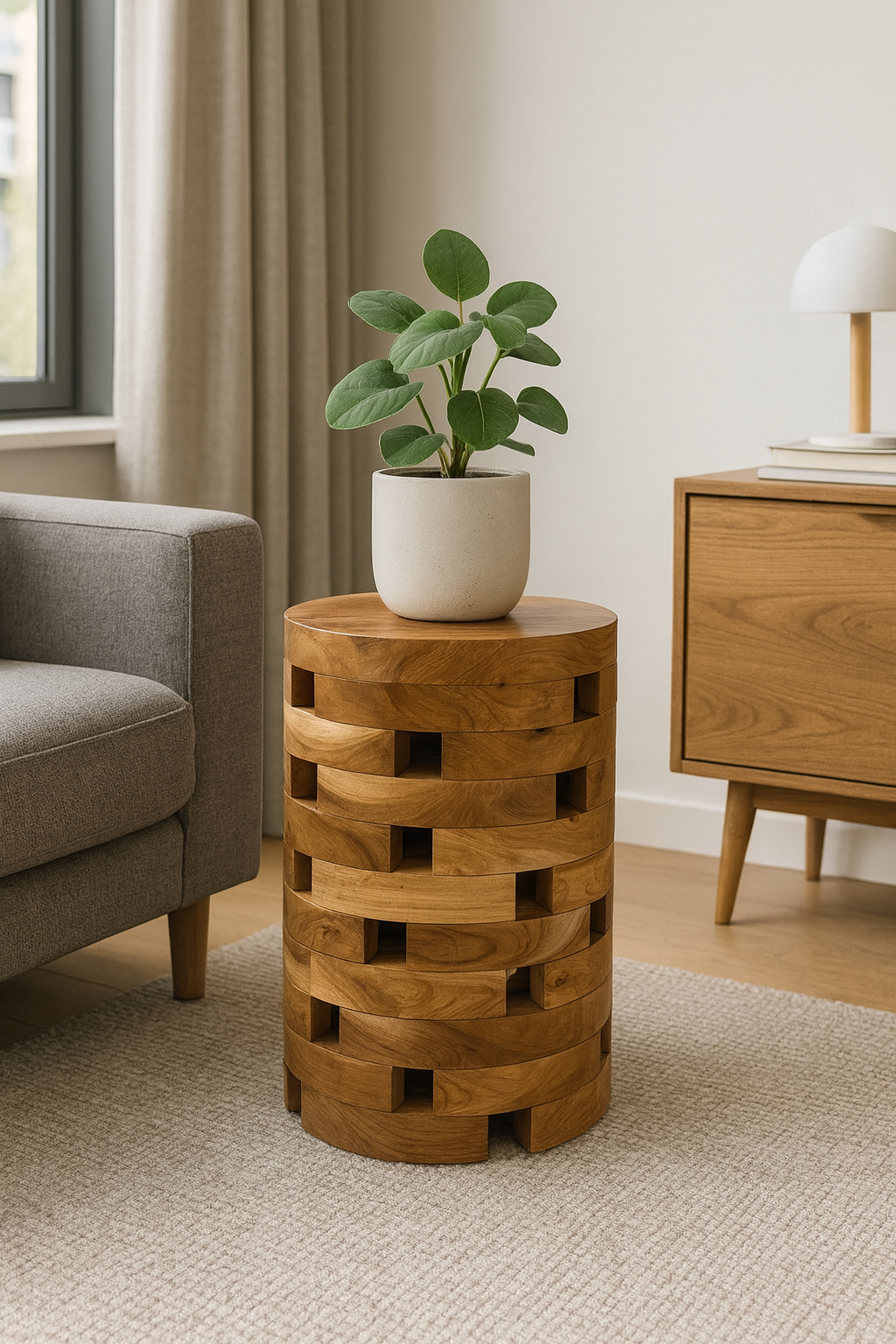 Teakholz Beistelltisch – Handgefertigt im Laminated Block Design - Natürlicher Holztisch aus Teak - Wohnzimmer & Schlafzimmer - 35x35x50 cm