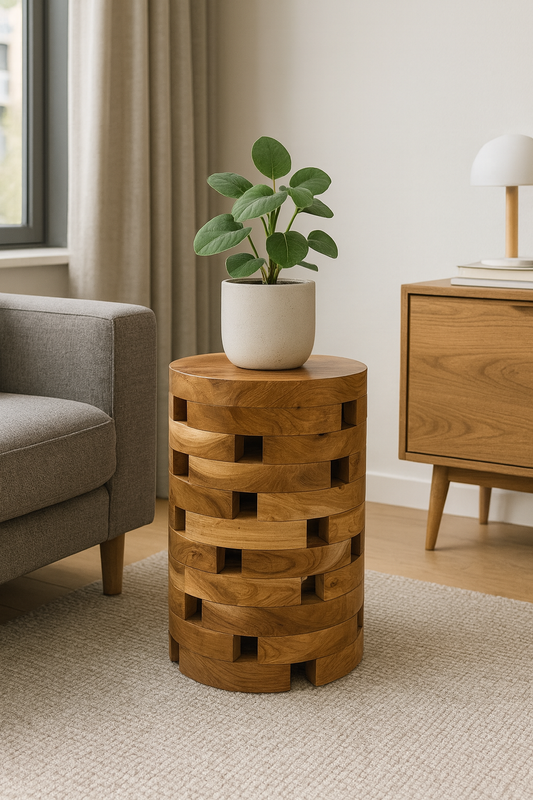 Teakholz Beistelltisch – Handgefertigt im Laminated Block Design - Natürlicher Holztisch aus Teak - Wohnzimmer & Schlafzimmer - 35x35x50 cm