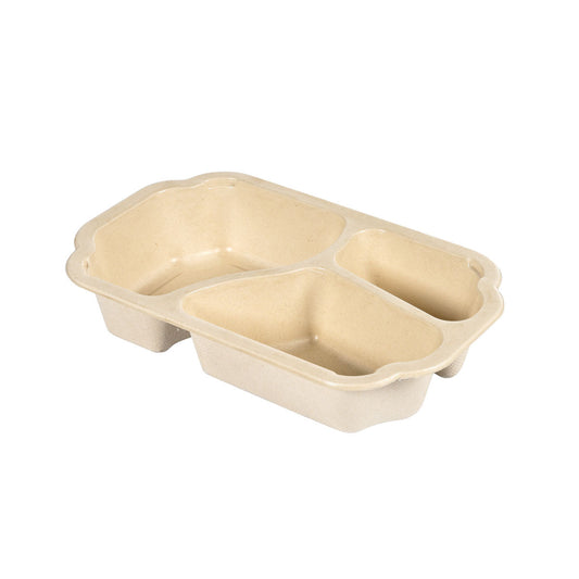 Tray Take-Away Fibre 3-comp 3 Natur  Coated Bagasse 250x159x48  | Packung (225 Stück)