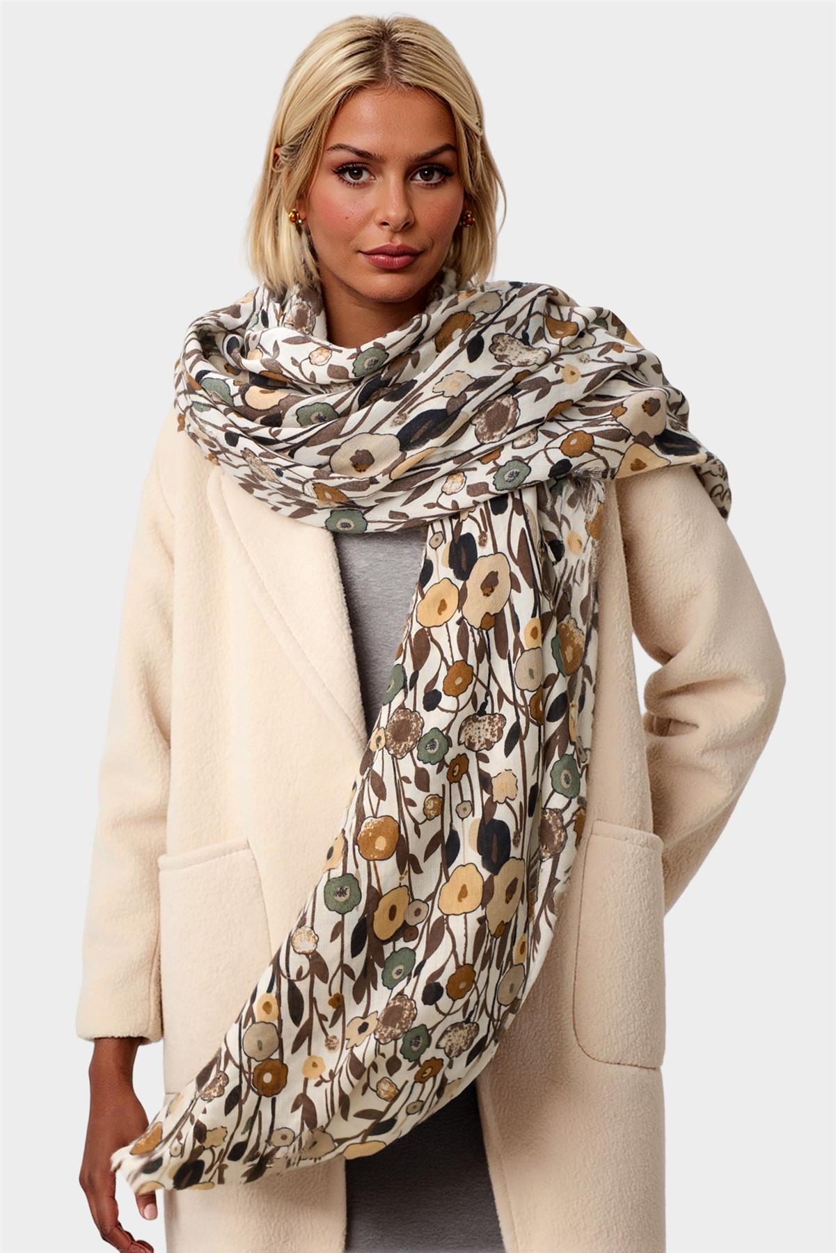 Floral Print Fringed Edges Scarf In Brown