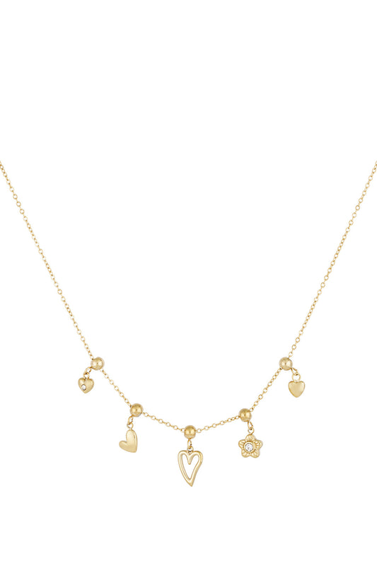 Charm-Halskette Blumen und Herzen - Goldfarben