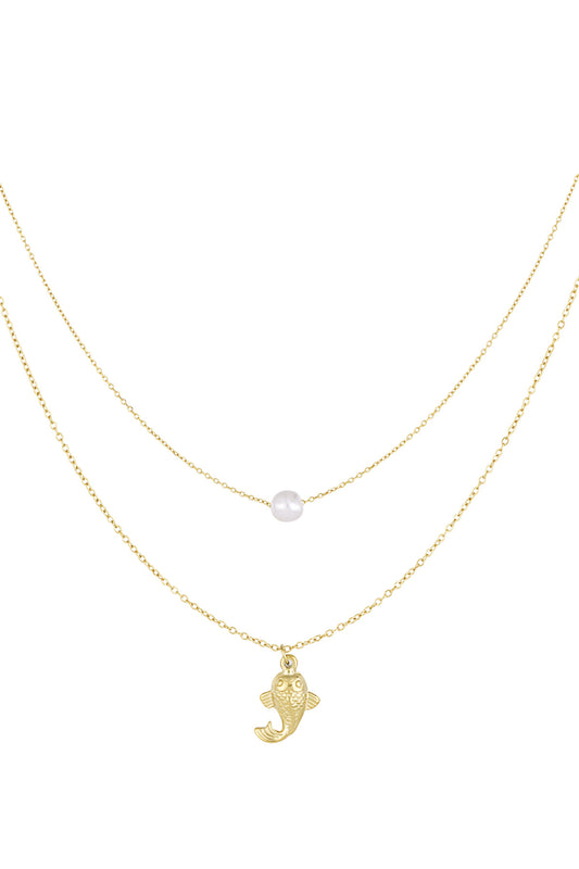 Halskette mit Fisch und Perle - Goldfarben