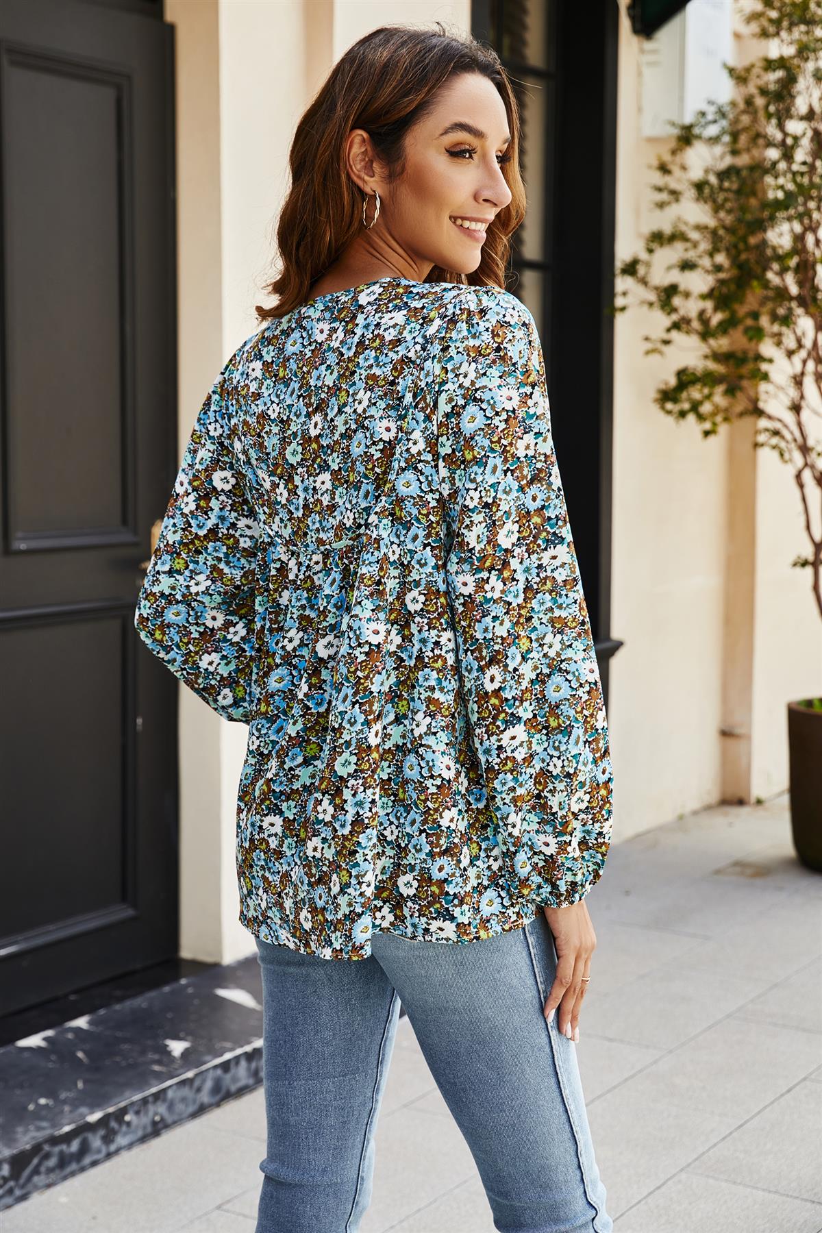 Floral print long sleeve blouse top in blue