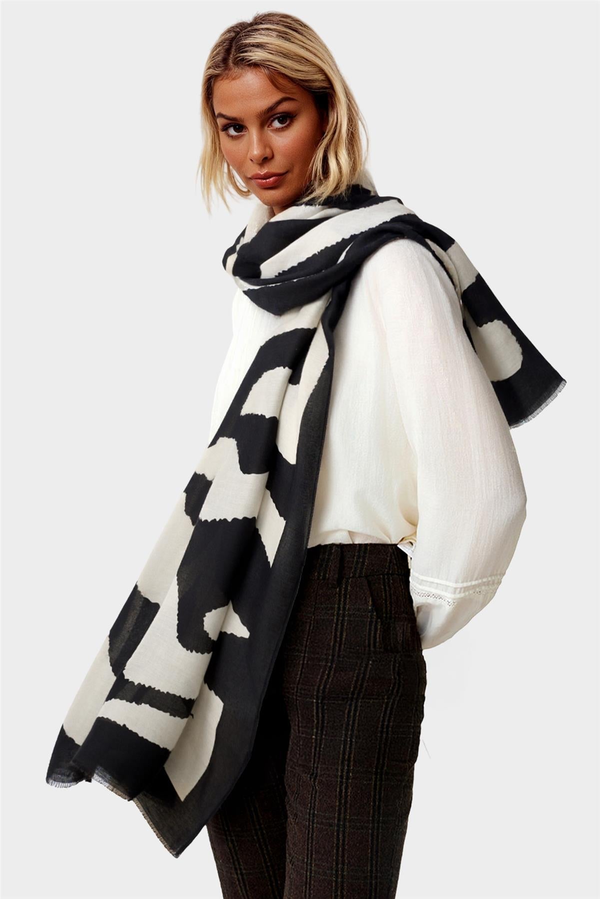 Black Abstract Print Fringed edges Scarf In Beige