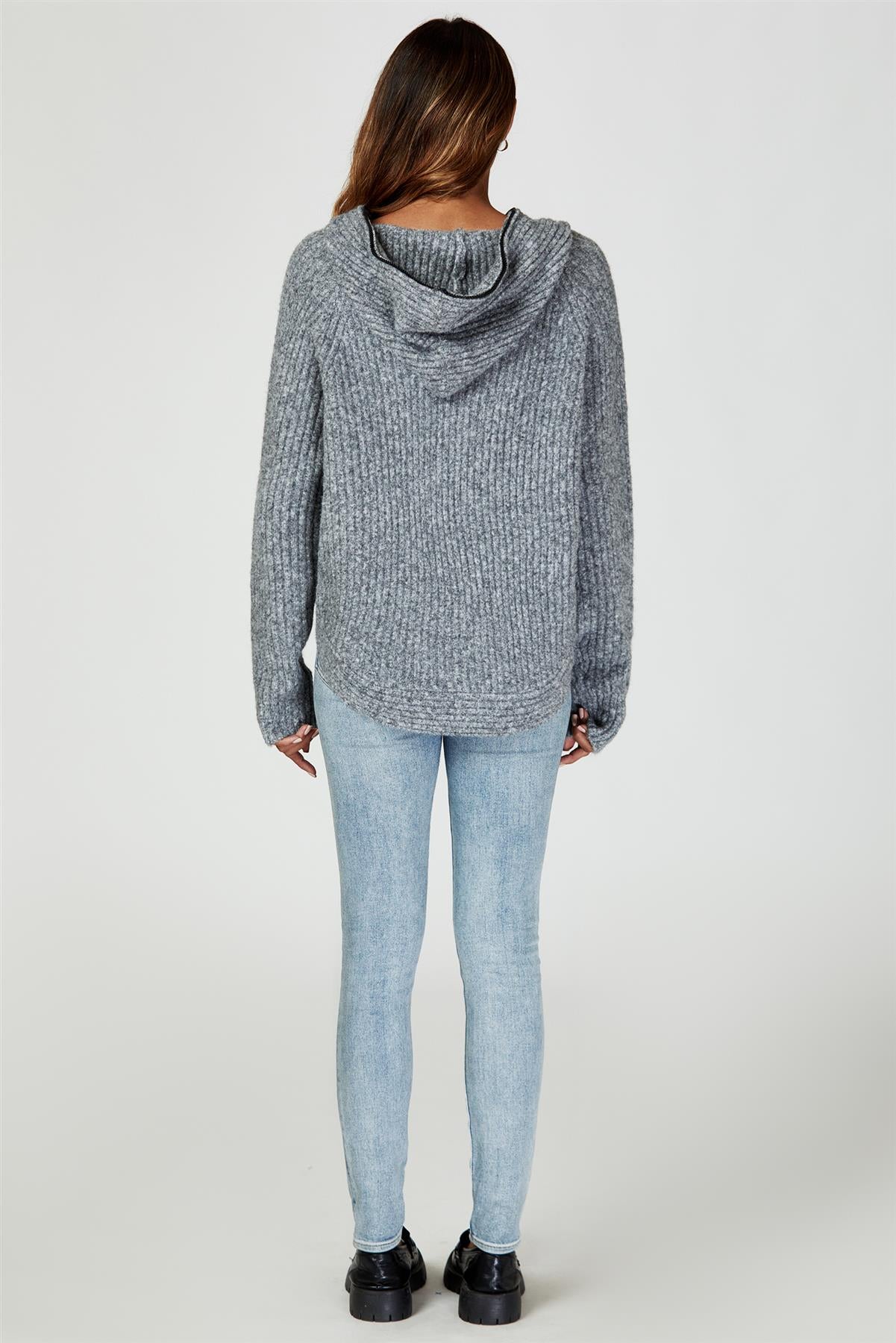 Zip Detail Knit Hoodie In Grey