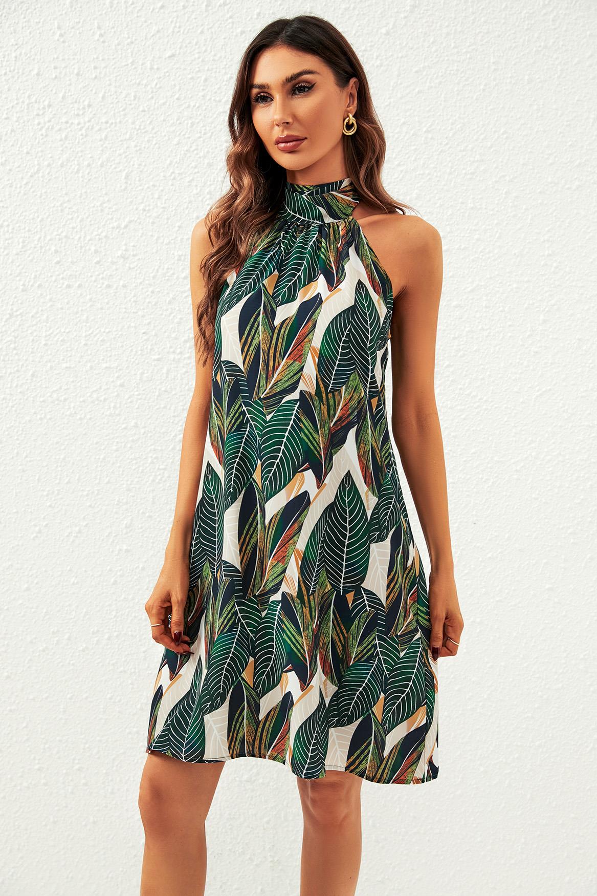 Leaf Print Halter Neck Tie Back Mini Dress In Green