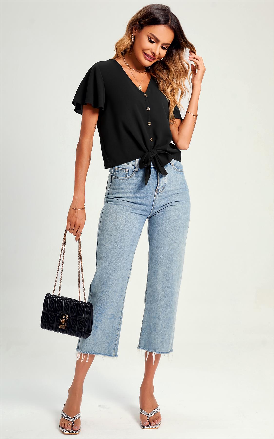 Cute Tie Knot Front Buttoned Crop T Shirt Top In Black