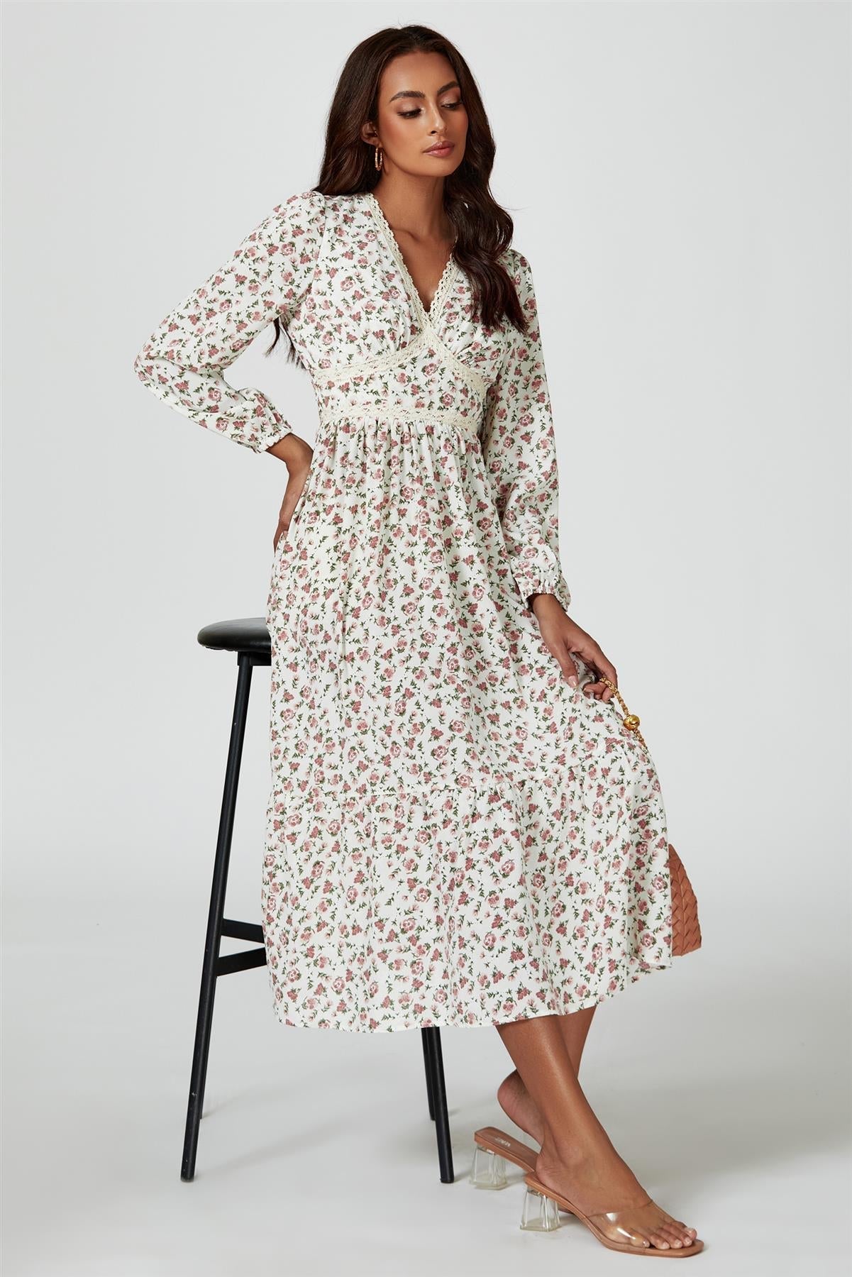 Floral Print Long Sleeve Midi Dress In White