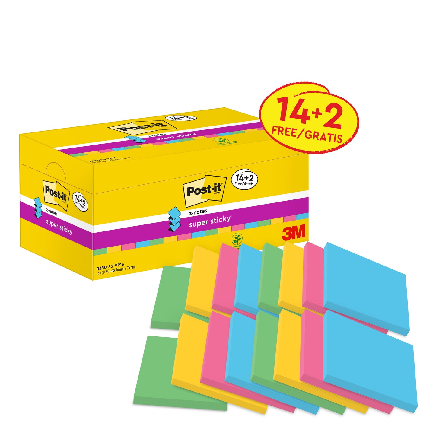Post-it® Super Sticky Z-Notes, Verschiedene Farben, 76 mm x 76 mm, Promotion, 90 Blatt/Block, 14 Blöcke + 2 Gratis/Packung, 100% PEFC, SGSCH-PEFC-COC-110078  | Packung (1 Stück)