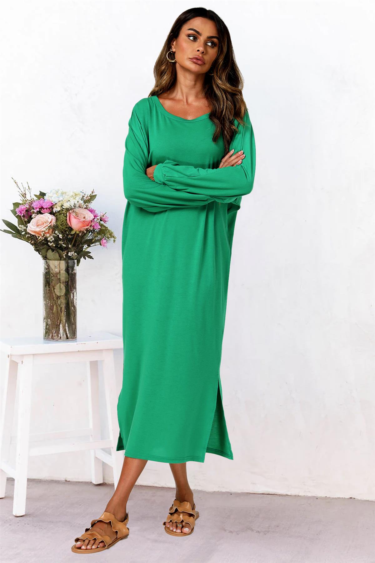 Oversized Midaxi Long Sleeve Slit Jersey Dress In Green 