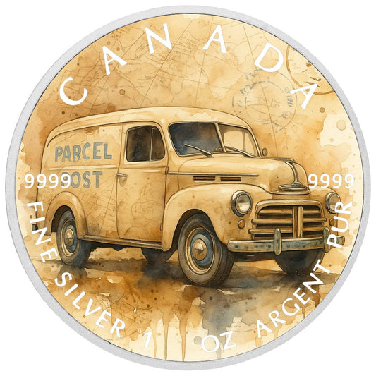 2025 Canada 1oz 9999 Silver BU Timeless Delivery ParcelPost in Motion Colourized