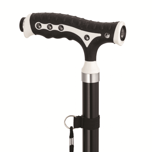 Adjustable aluminum T-shaped walking stick with LED light and stand