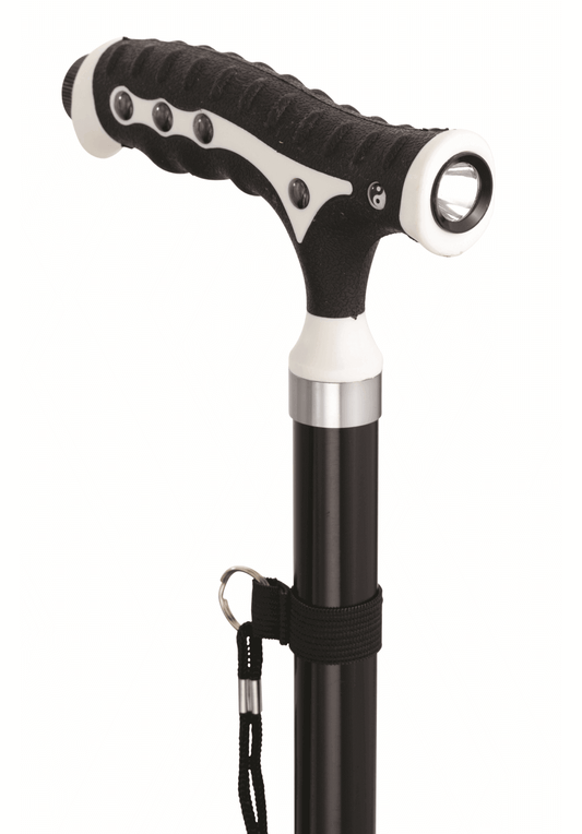 Adjustable aluminum T-shaped walking stick with LED light and stand