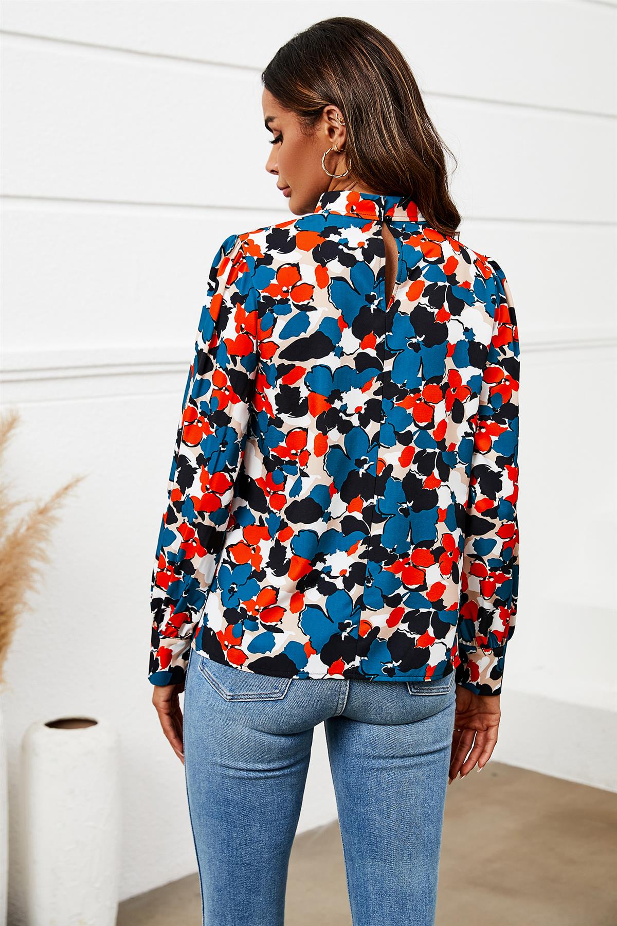 Floral Print Long Sleeve High Neck Top In Blue 