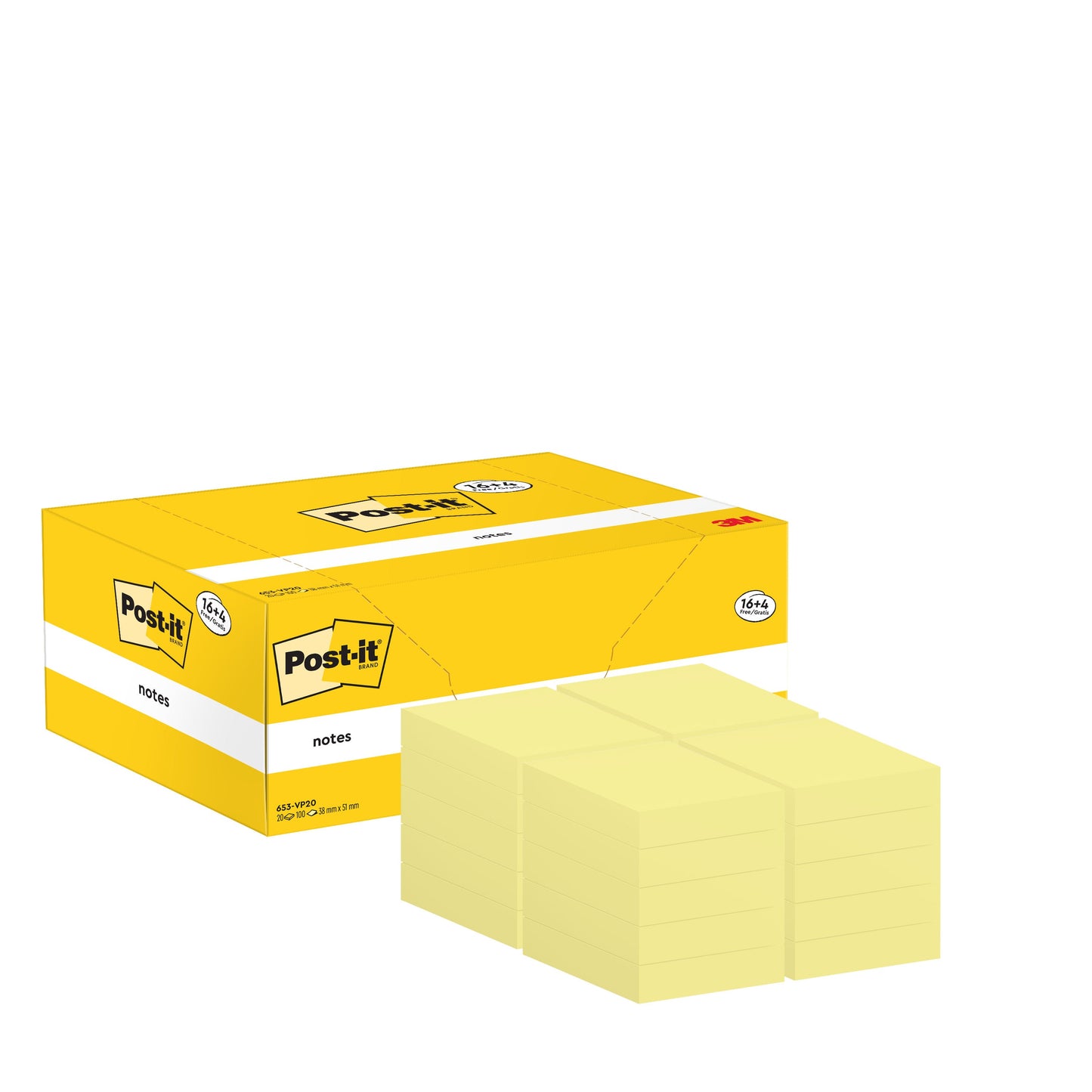 Post-it® Notes, Gelb, 38 mm x 51 mm, Promotion, 100 Blatt/Block, 16 Blöcke + 4 Gratis/Packung, 100% PEFC, SGSCH-PEFC-COC-110078  | Packung (1 Stück)