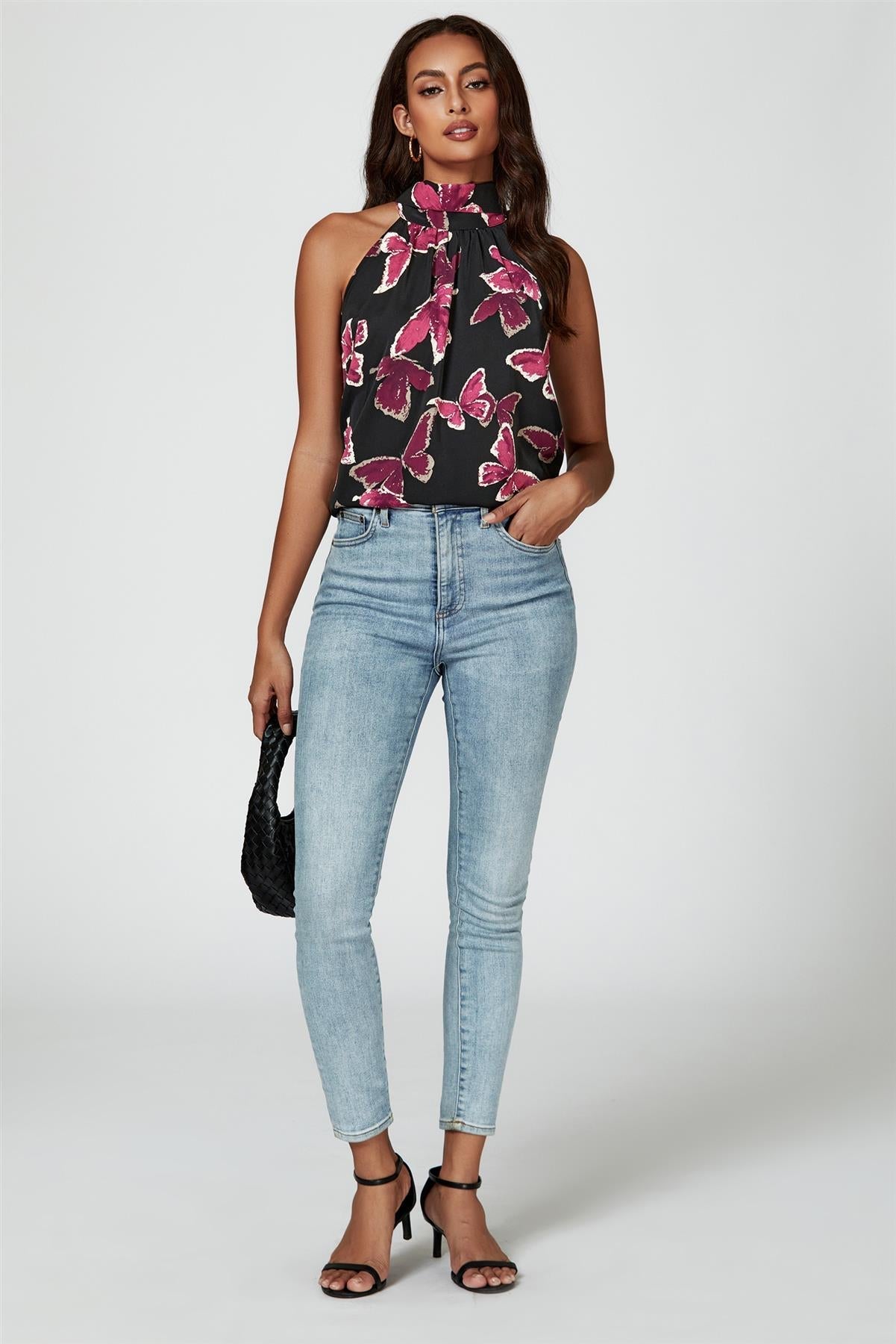 Butterfly Print Halter Neck Tie Back Top In Black