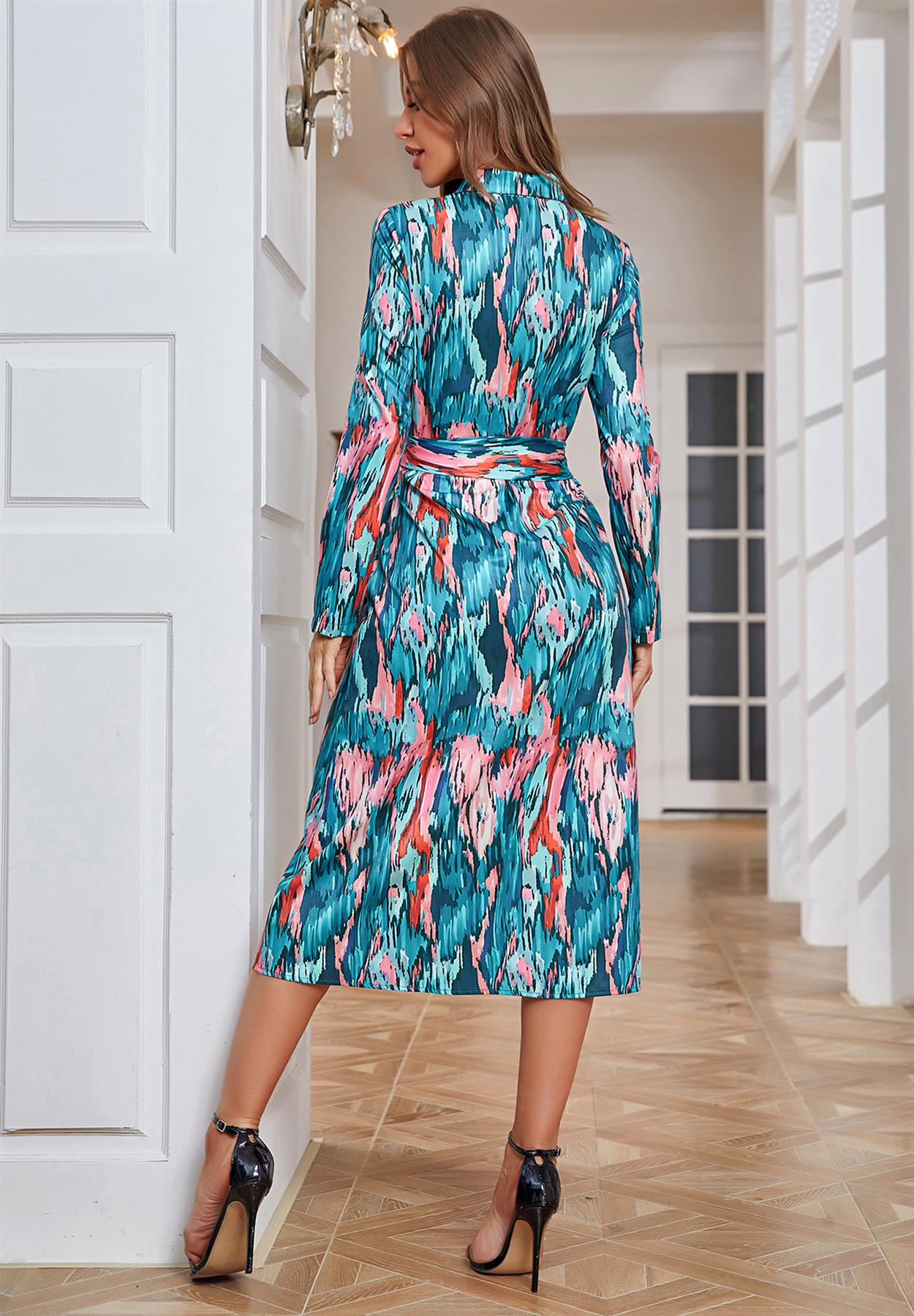 Multi Color Print Shirt Midi Wrap Dress In Green &amp; Pink