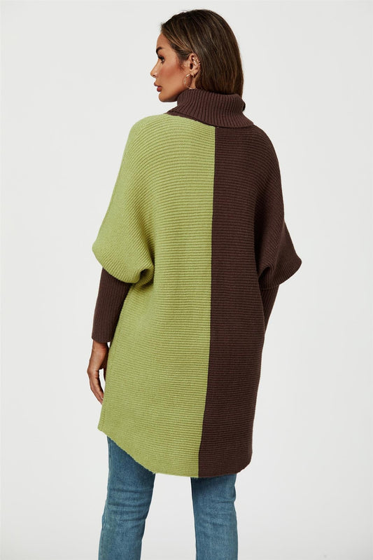 High Neck Half Brown & Green Block Colour Jumper Top