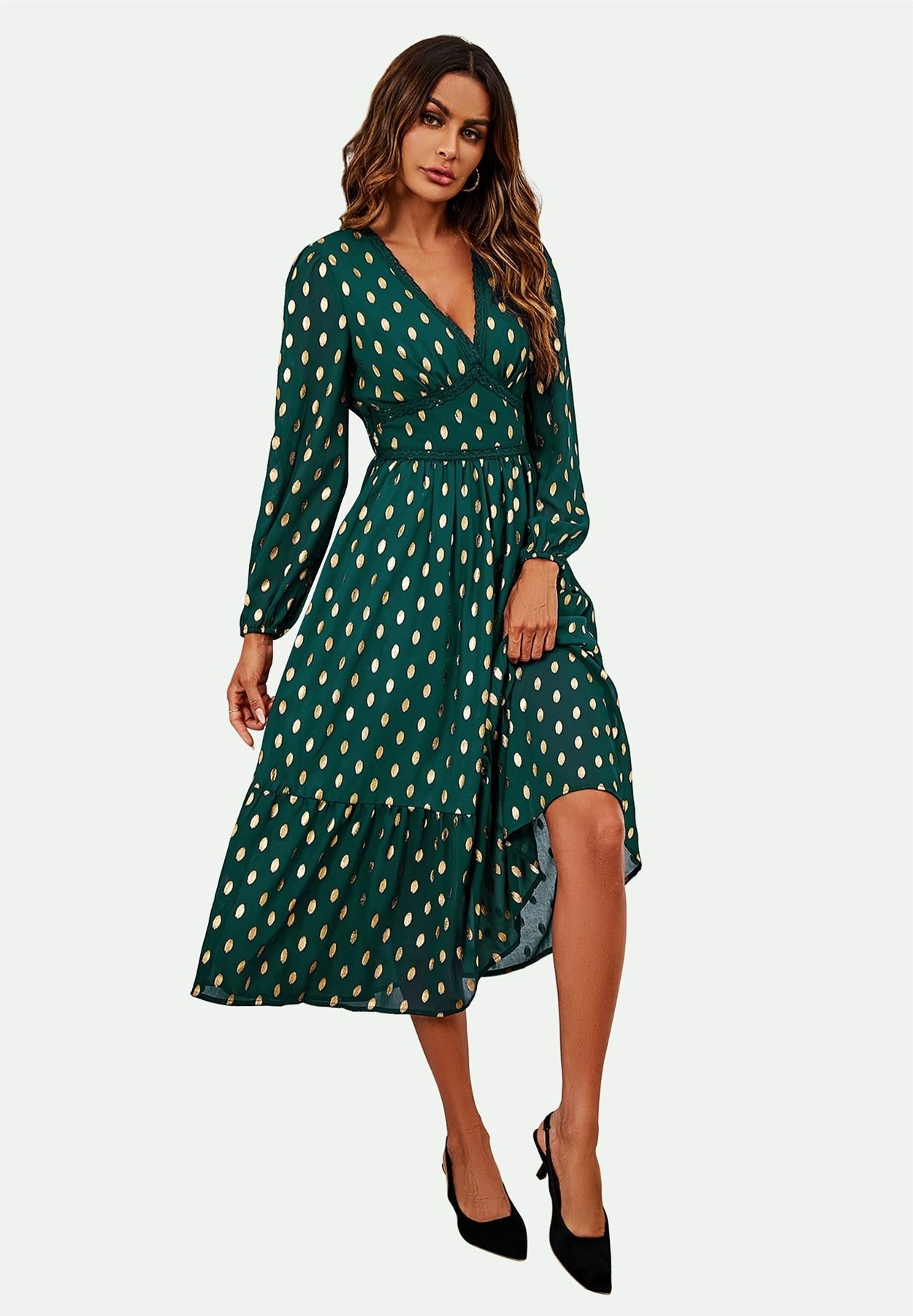 Lace Trim Foil Long Sleeve Maxi Dress In Green