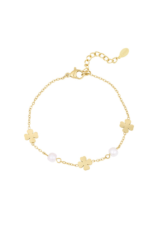 Armband Perle und Kleeblatt - Goldfarben
