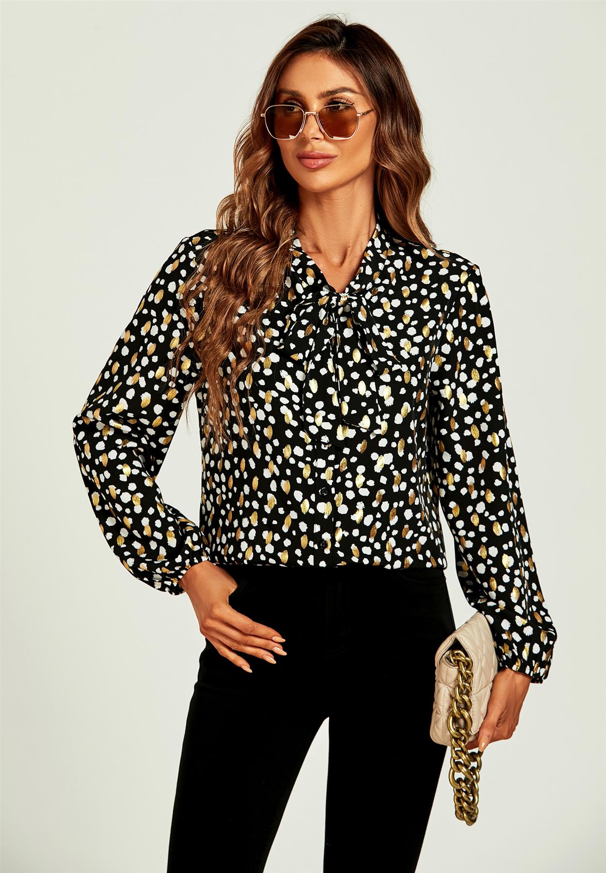 Gold Foil Leopard Print Pussy Bow Blouse/Top In Black