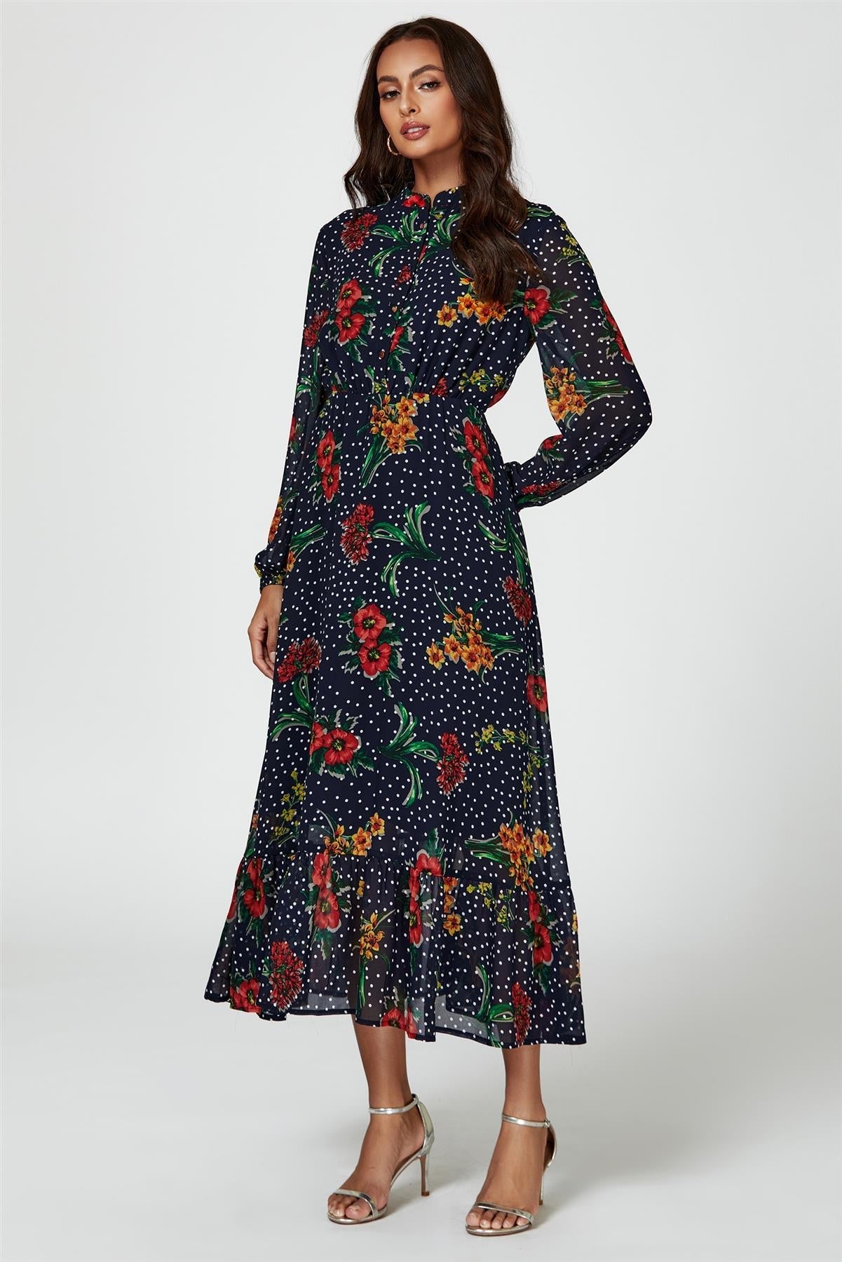Floral Dot Print Maxi Dress In Navy