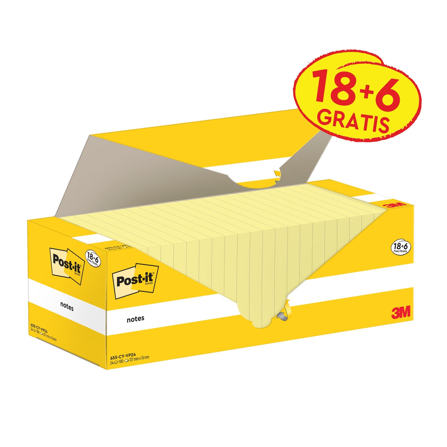 Post-it® Notes, Gelb, 76 mm x 127 mm, 100 Blatt/Block, 18 Blöcke + 6 Gratis/Packung, Kartonverpackung, 100% PEFC, SGSCH-PEFC-COC-110078 | Packung (1 Stück)
