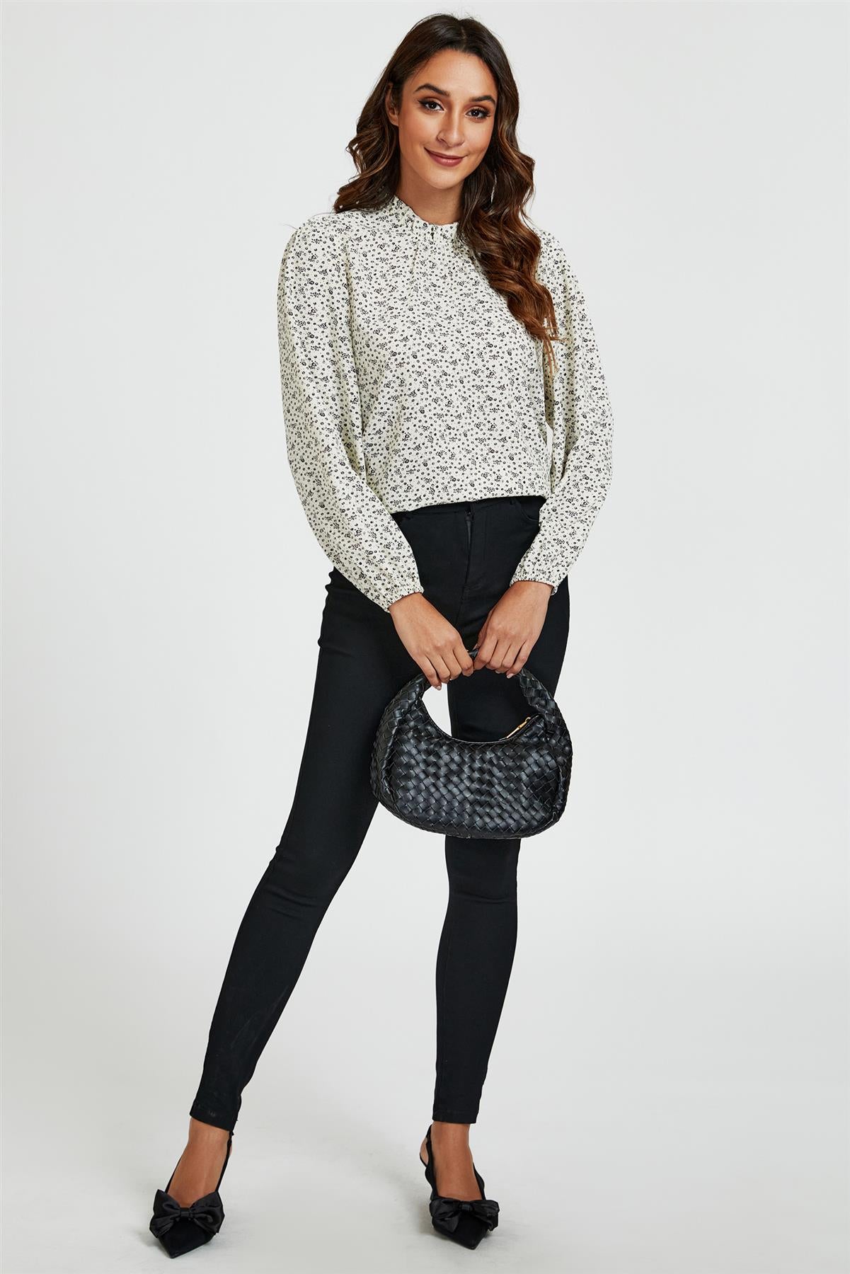 Little Floral Print Frill Detail High Neck Top In White