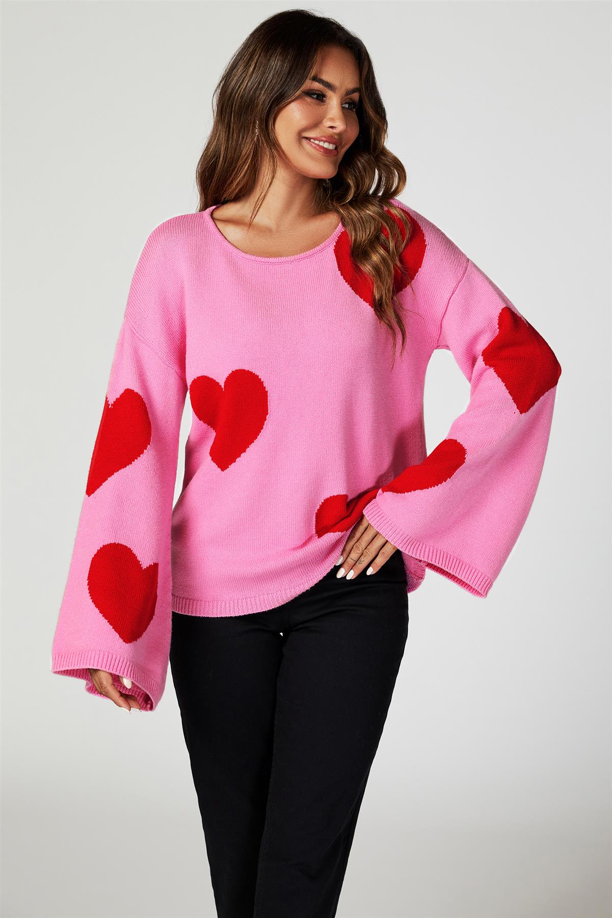 Wide Sleeve Oversize Red Jumper With Pink Heart