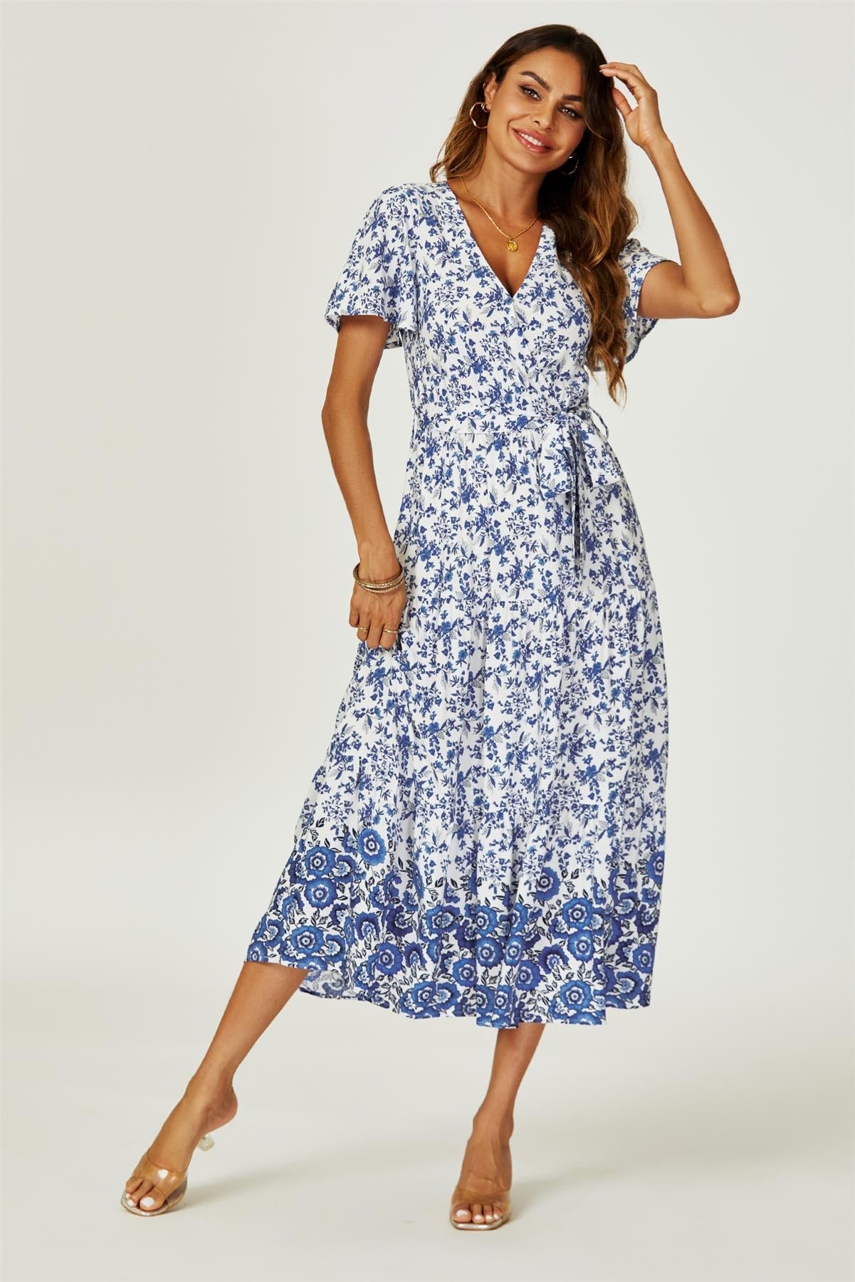 Floral Border Print Hem Tiered Midi Dress In White