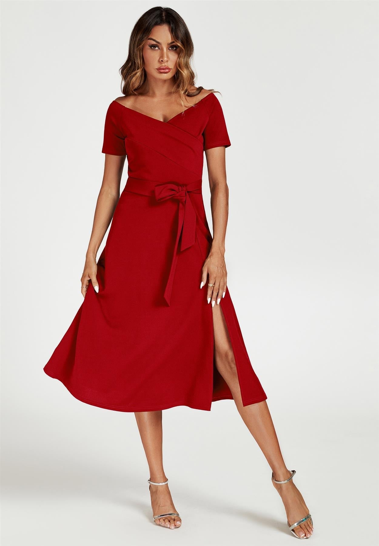 Bardot Midi Dress in Red